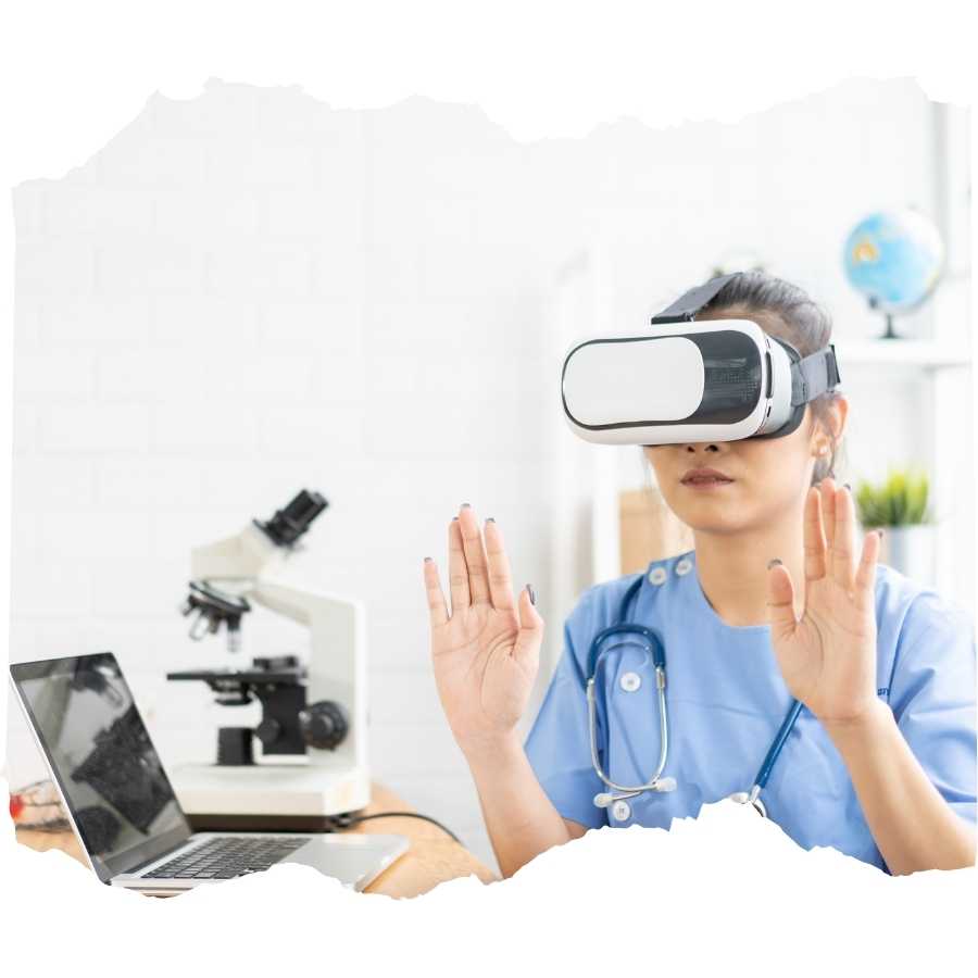 Healthcare professional using virtual reality equipment to simulate medical scenarios