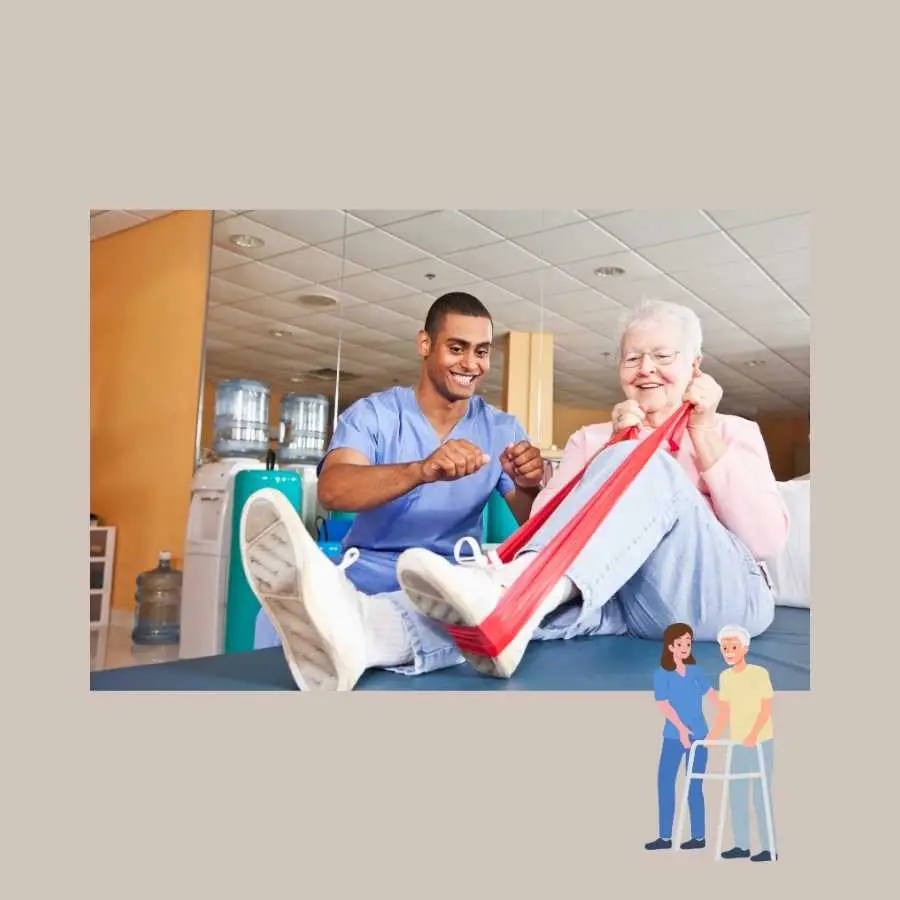 Elderly woman doing physical therapy with resistance bands assisted by a therapist