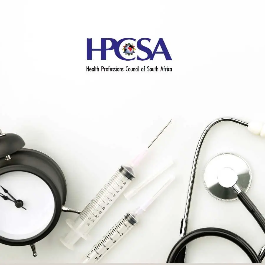 HPCSA logo with medical equipment including stethoscope, syringes, and clock on white background