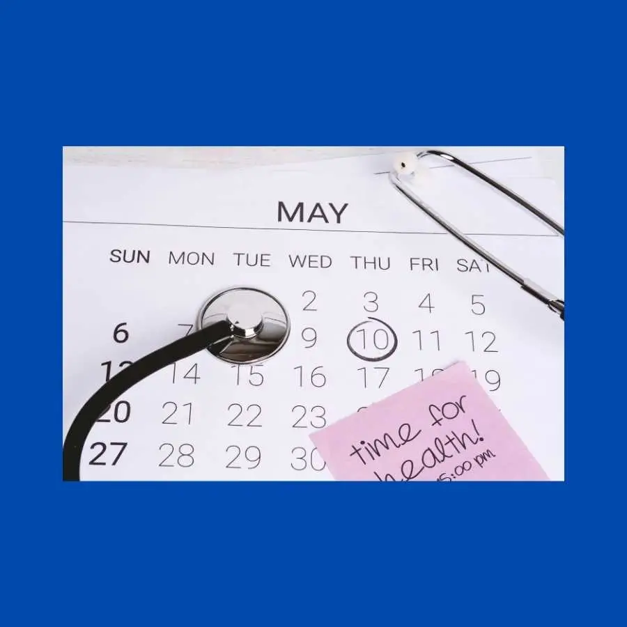 Calendar with stethoscope on the month of May showing a reminder for health check-up