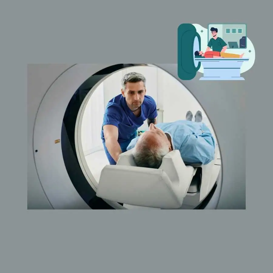 Healthcare professional assisting a patient during an MRI scan