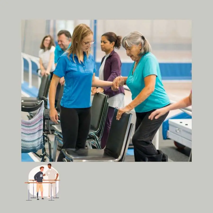 Physical therapist assisting an elderly woman with walking exercises in a rehabilitation center