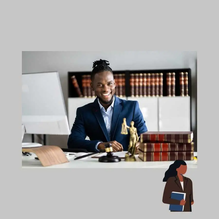 Smiling male lawyer in office with legal books and statue of justice in background