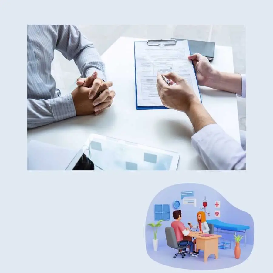 Doctor consulting with a patient and filling out medical forms in an office setting