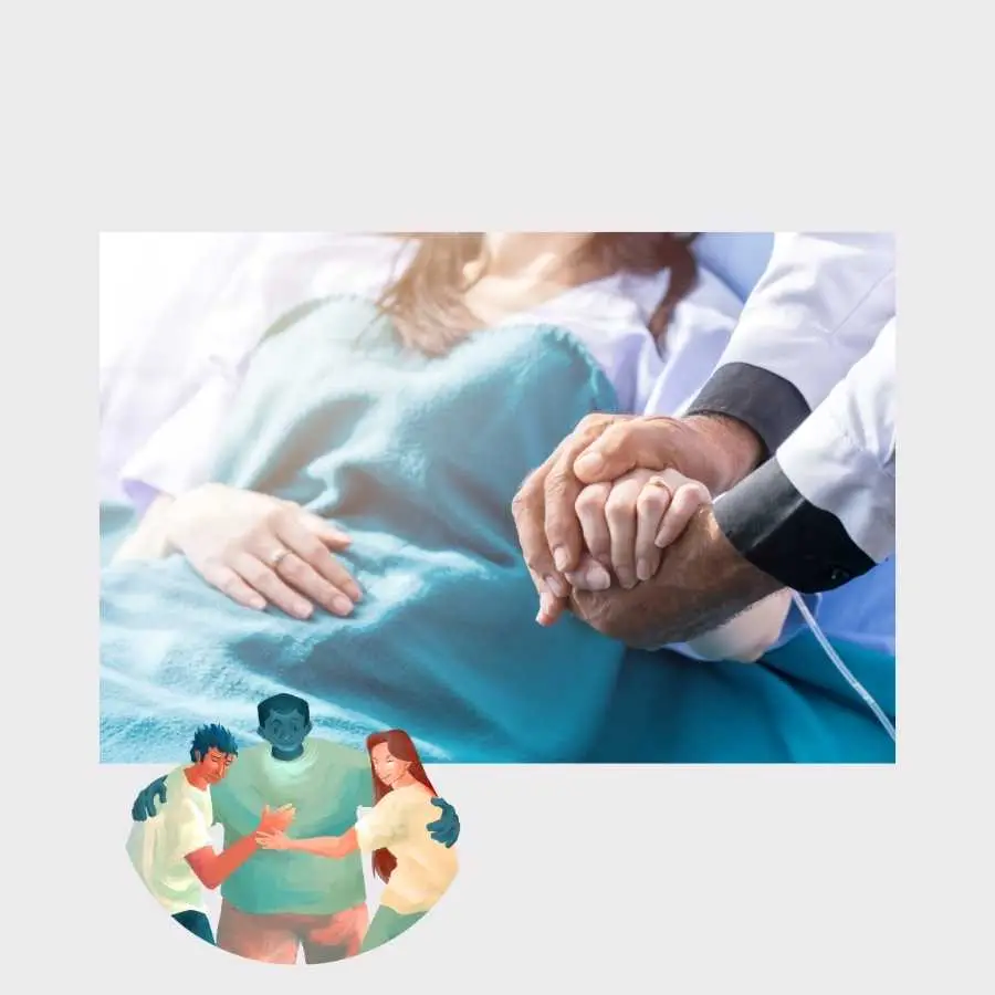 Doctor holding the hand of a patient in hospital bed, offering comfort