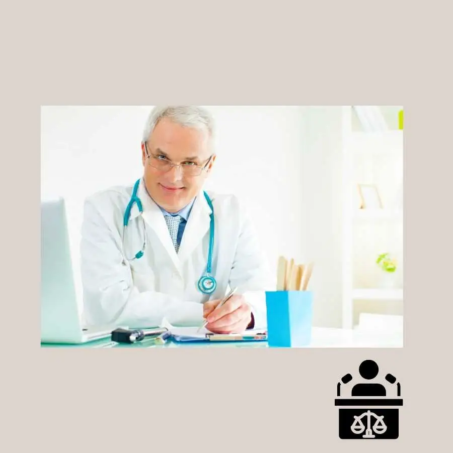 Smiling senior doctor with stethoscope working at his desk