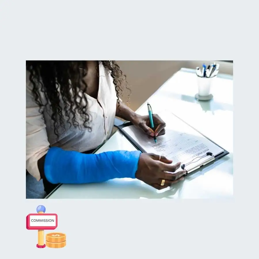 Woman with cast on arm signing documents