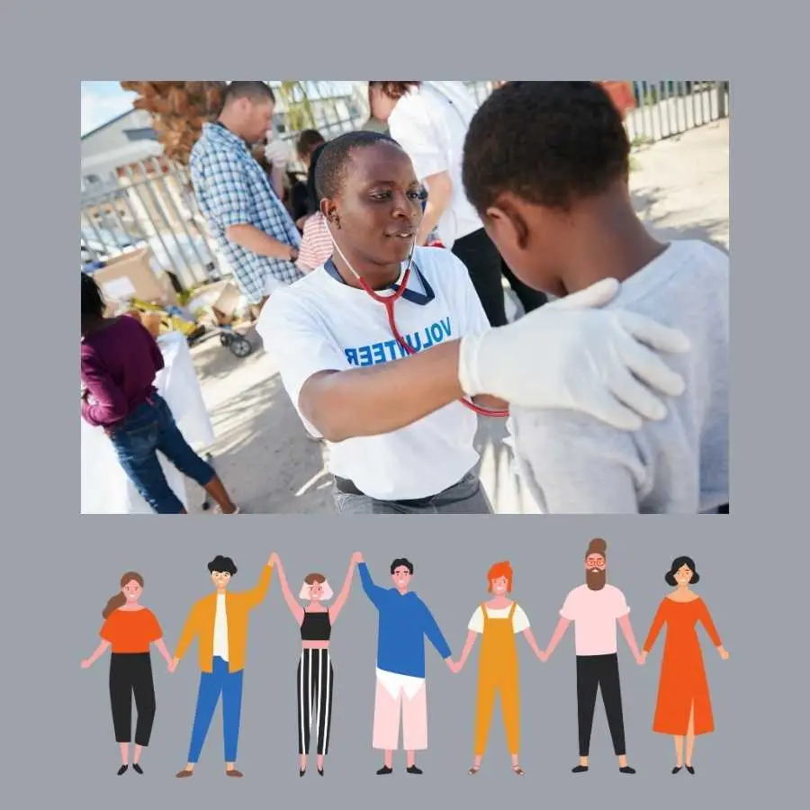 Volunteer doctor examining a child's ear at a community event