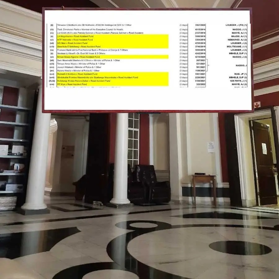 Court schedule (court roll) display at the Bloemfontein High Court