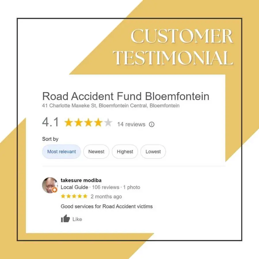 Customer testimonial for Road Accident Fund Bloemfontein with a 4.1-star rating