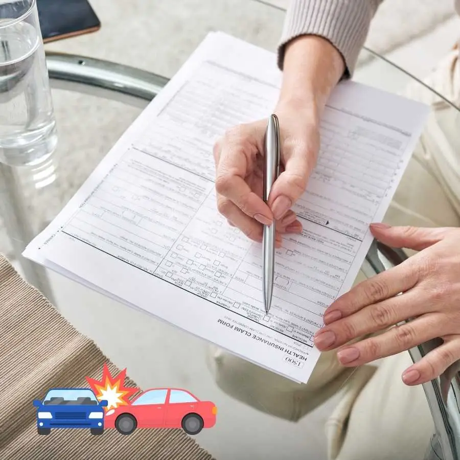 Person filling out an insurance claim form with a pen