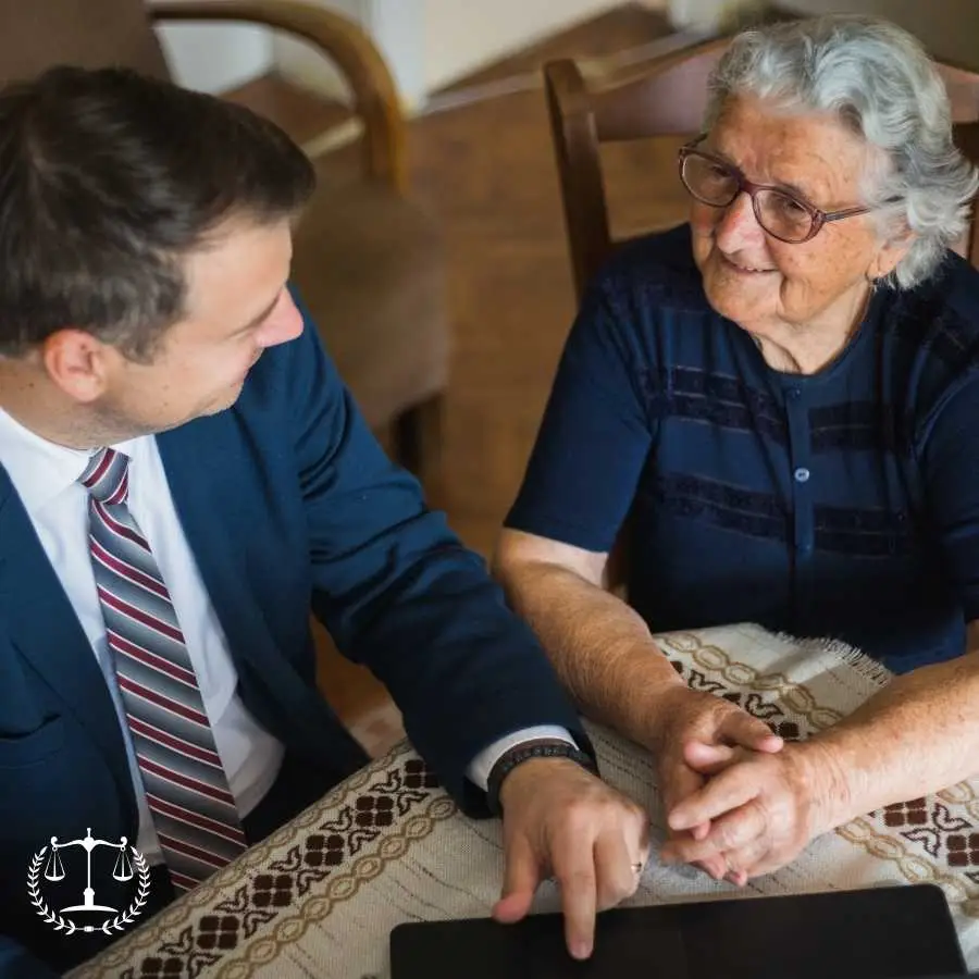 Lawyer consulting with an elderly woman at a table