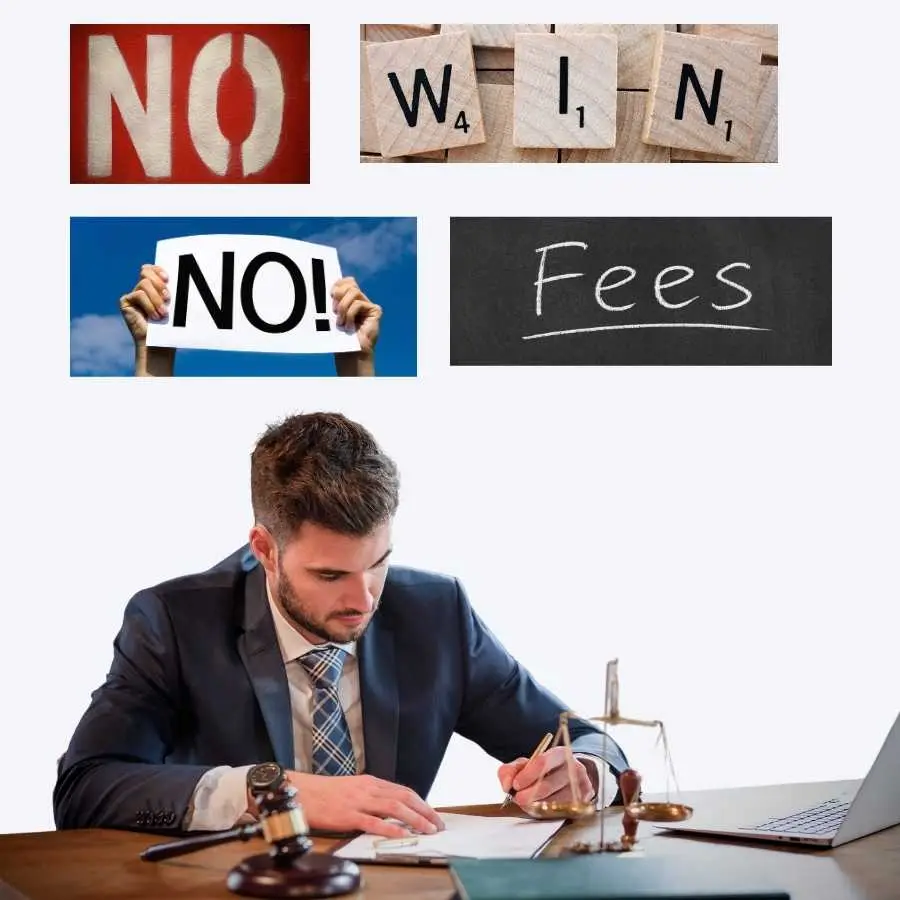 Lawyer working at desk with images related to no-win-no-fee legal costs