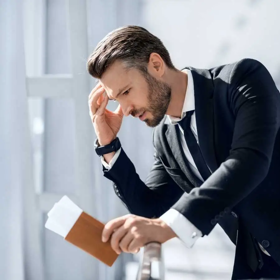 Man in a suit looking stressed while holding documents