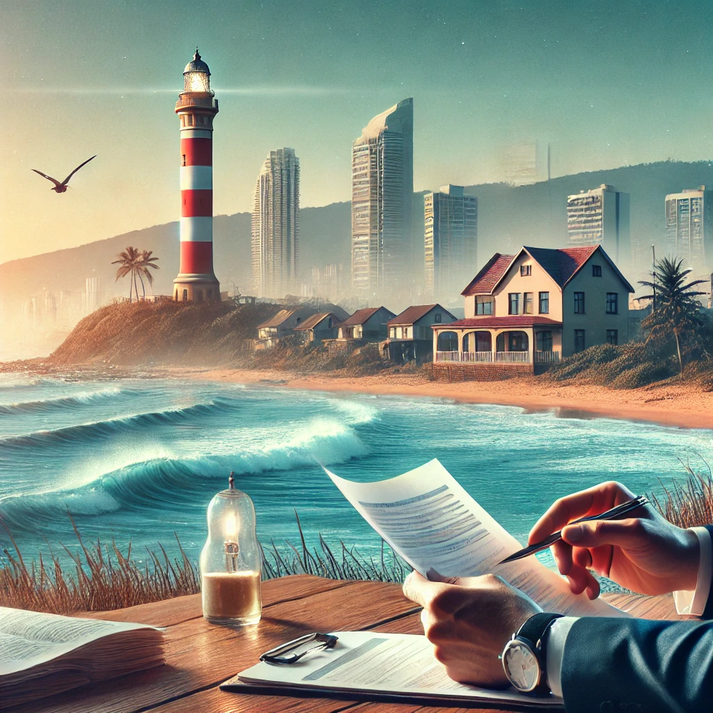 Coastal scene of Umhlanga with Umhlanga Lighthouse and person discussing documents