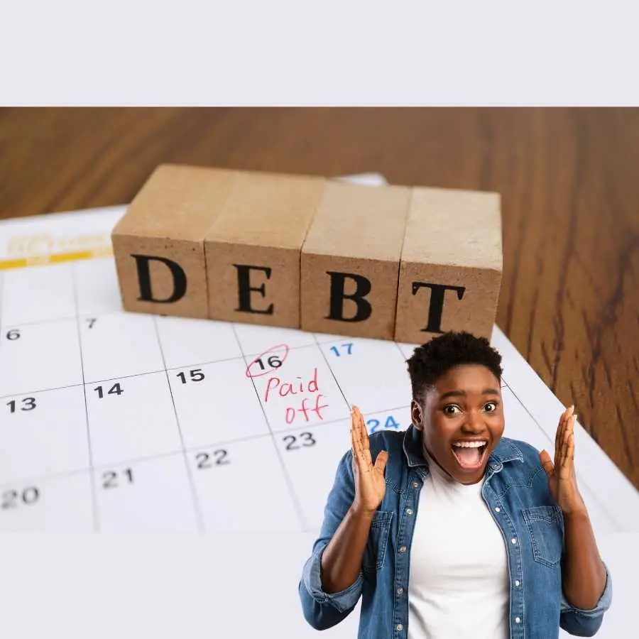 Excited woman celebrating debt payoff with calendar and debt blocks