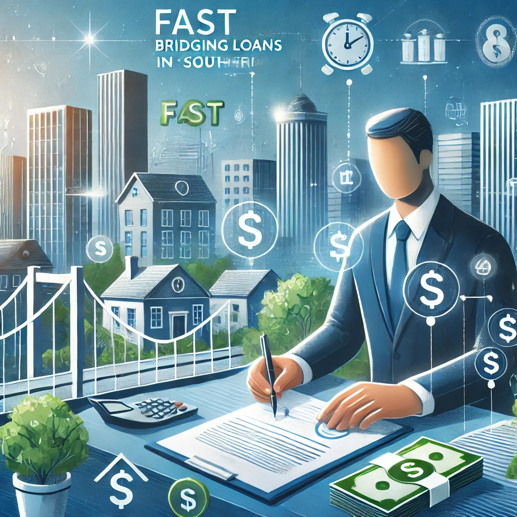 Feature image for an article about fast bridging loans in South Africa, showing a business person reviewing financial documents with a cityscape and financial icons.