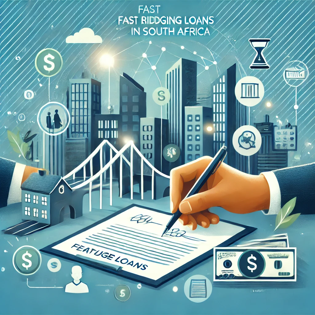 Feature image for an article about fast bridging loans in South Africa, depicting a business setting with a city skyline, documents, and financial icons.