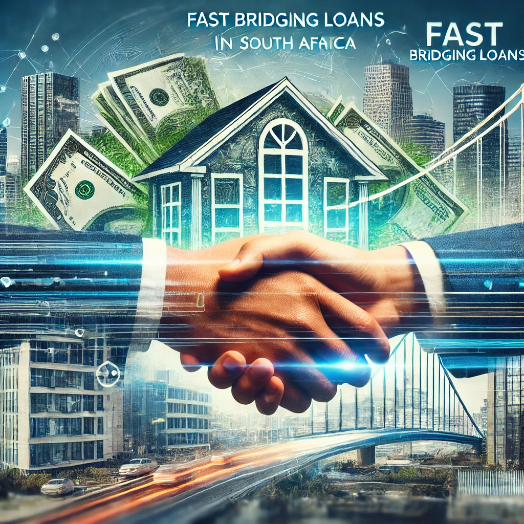 Feature image for an article about fast bridging loans in South Africa, showing a handshake, modern buildings, and a house with money.