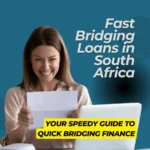 Woman excitedly reading a document with text "Fast Bridging Loans in South Africa" in the background