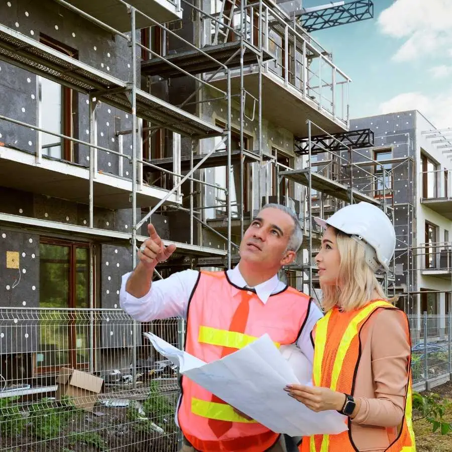 Construction workers discussing building plans on-site