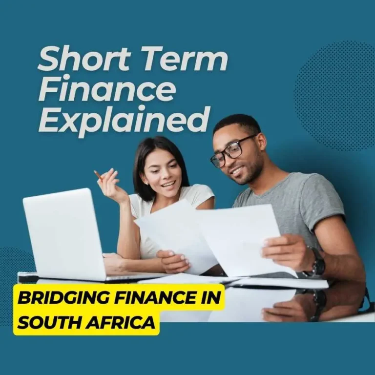 Couple reviewing short term finance documents with laptop, titled "Short Term Finance Explained: Bridging Finance in South Africa"