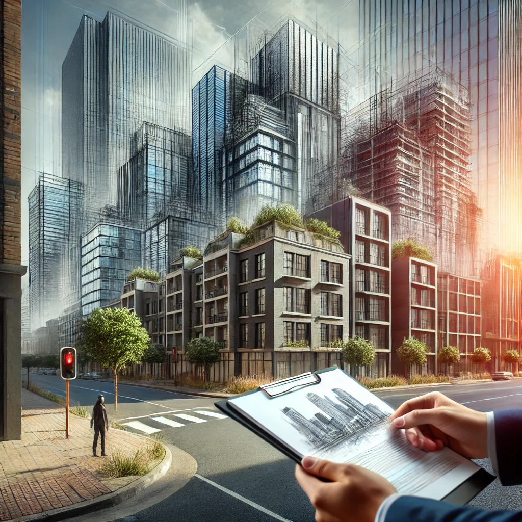 Urban street scene in Johannesburg with modern buildings and a person holding documents.