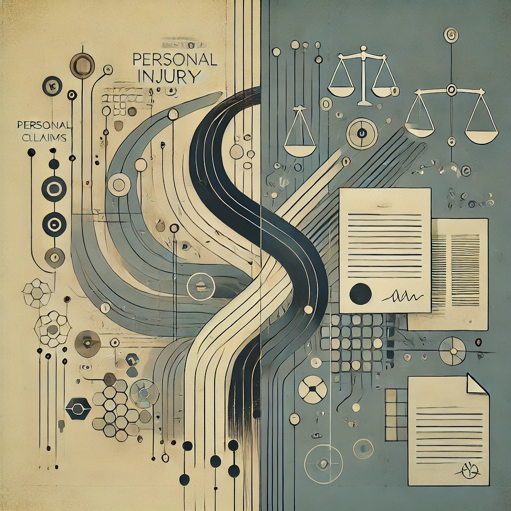 Minimalist abstract image depicting the complexity of personal injury claims with legal documents.