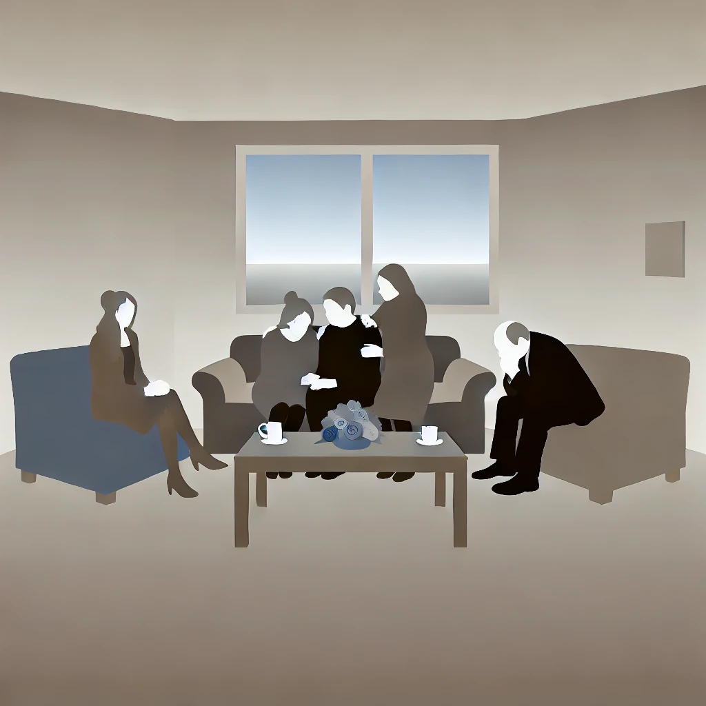 Minimalist dull-colored image of a grieving family in a modest living room, reflecting the emotional impact of loss after a road accident.