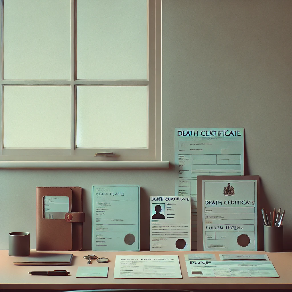 Minimalist dull-colored image of a desk with neatly organized documents, including death certificates and funeral expense receipts, reflecting the process of RAF Funeral Benefit claims.