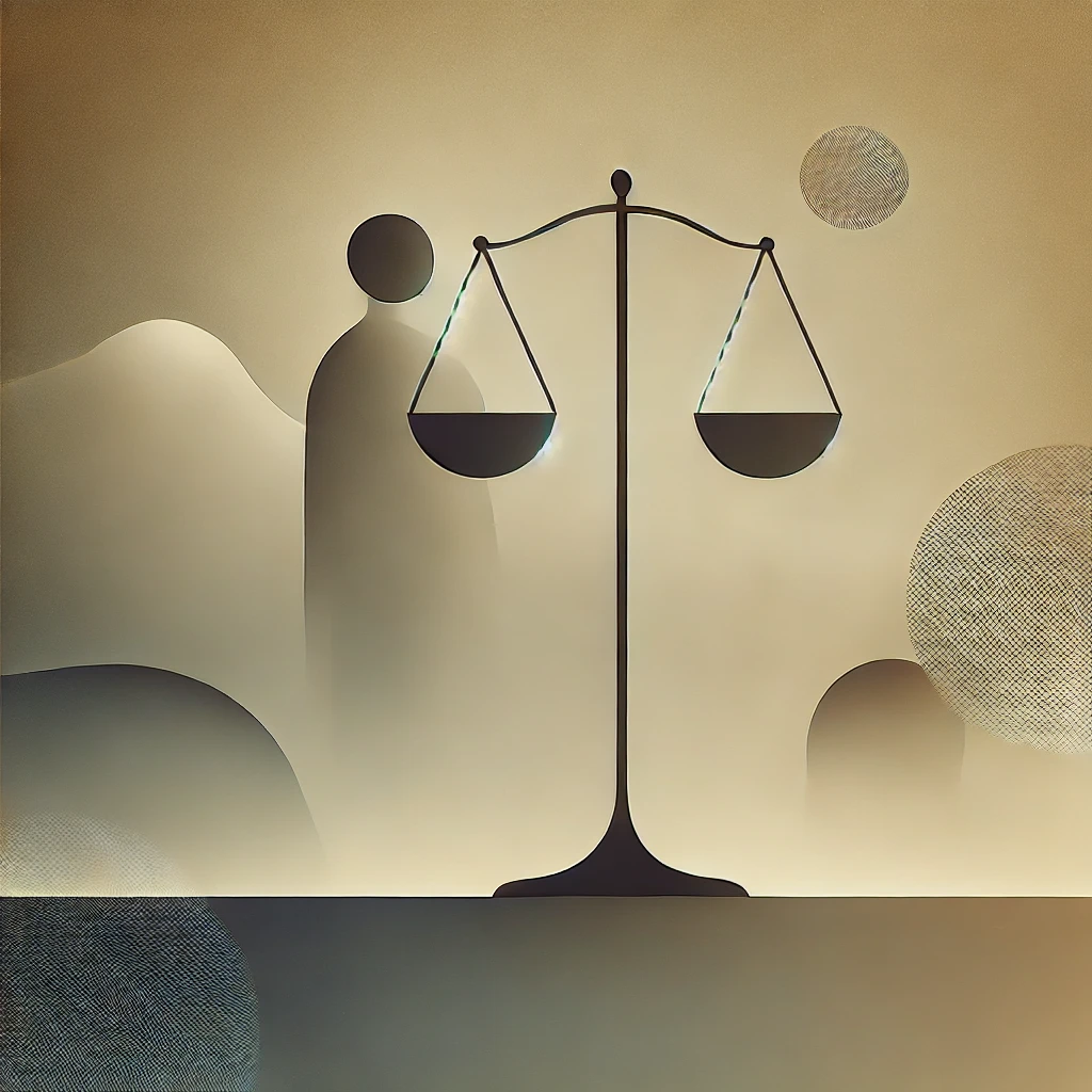 Minimalist depiction of justice in personal injury law with a balance scale.