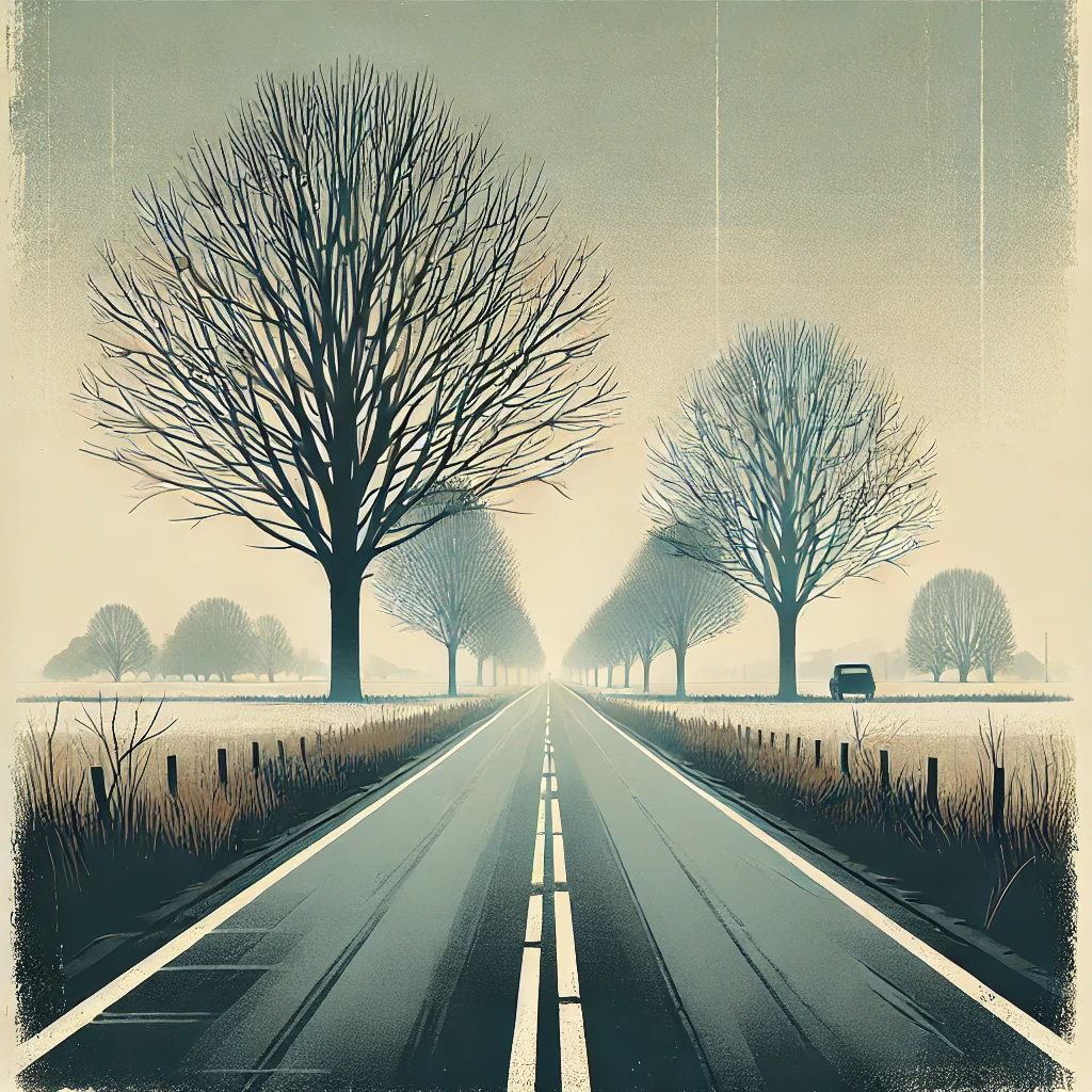 Minimalist dull-colored image of a quiet, empty road extending into the horizon, symbolizing the journey of recovery after a road accident.