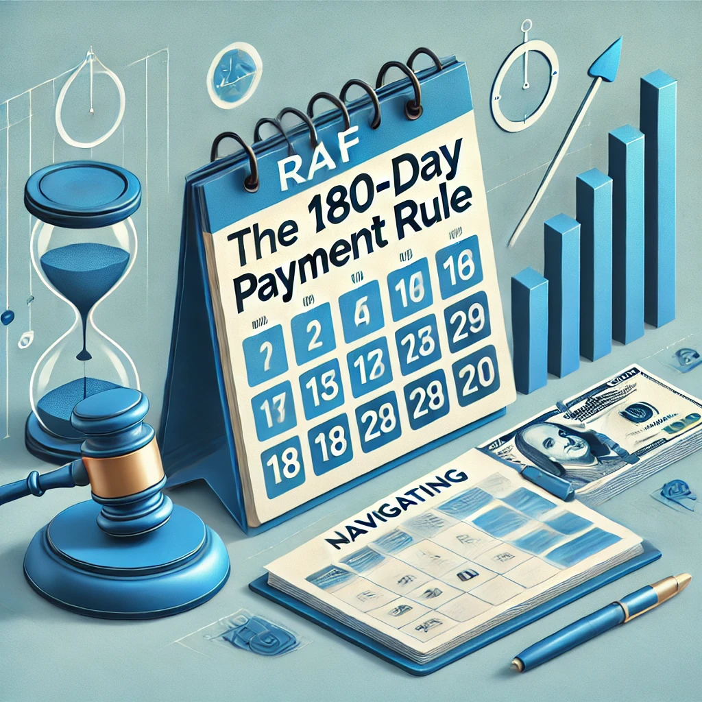 Professional illustration of RAF 180-day payment rule with calendar, gavel, and financial elements.