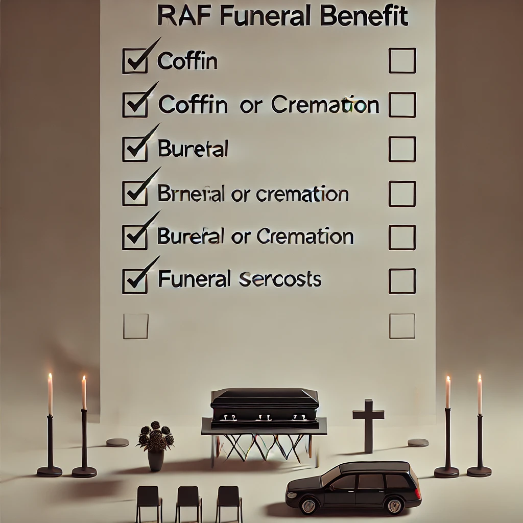 Minimalist dull-colored image of a checklist with items like coffin, burial, and funeral costs, representing RAF Funeral Benefit coverage.