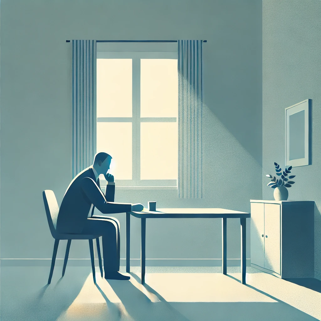 Minimalist dull-colored image of a person sitting alone in a quiet, sparsely furnished room, reflecting on the emotional burden after a road accident.