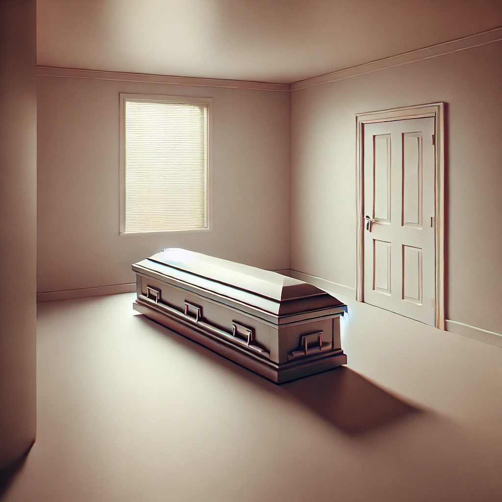 Minimalist dull-colored image of a simple coffin in a quiet room, reflecting the dignity and simplicity of a funeral covered by RAF Funeral Benefits.