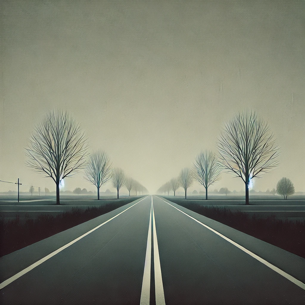 Minimalist dull-colored image of an empty road extending into the distance with bare trees and an overcast sky, evoking calm and reflection after a road accident.