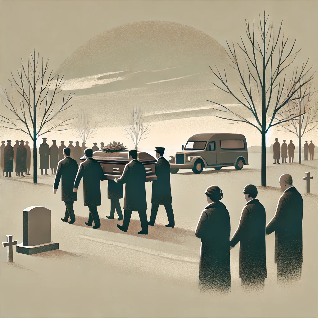 Minimalist dull-colored image of a funeral procession with a modest coffin and mourners, reflecting on the emotional impact of road accident funerals.