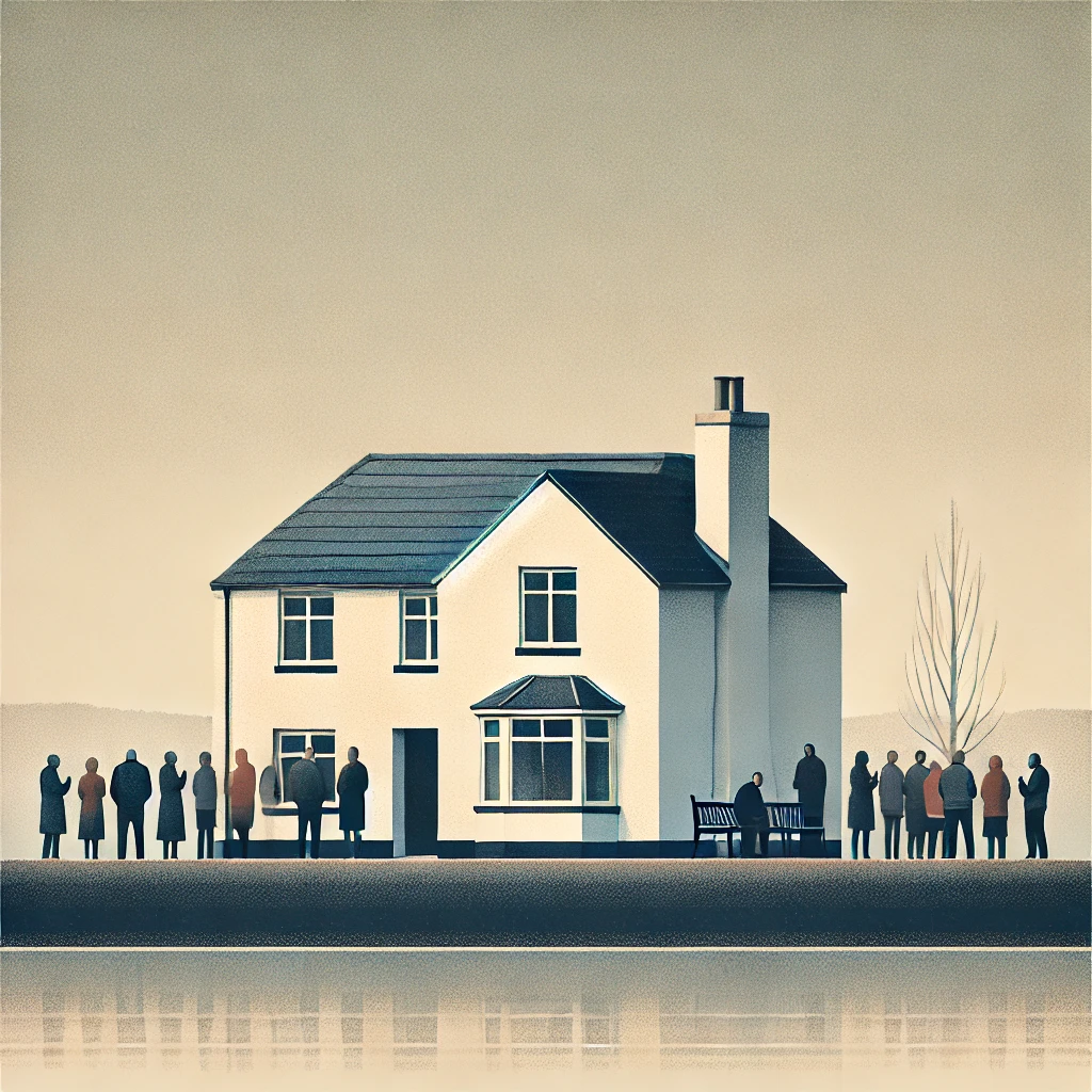 Minimalist dull-colored image of a modest house with a small group of people gathered outside, symbolizing support during a time of loss after a road accident.