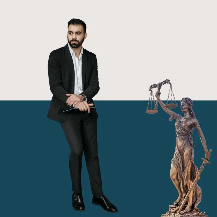 Lawyer with Lady Justice Statue