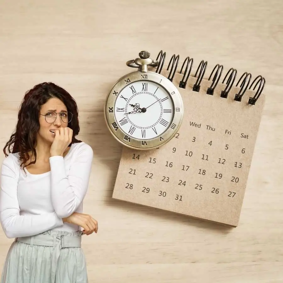 Anxious Woman Waiting with Clock and Calendar